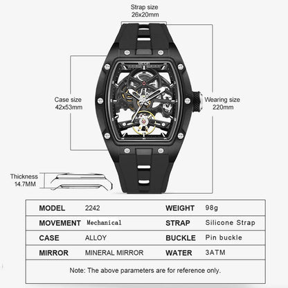 MEGIR Fashion Leisure Alloy Case Men Mechanical Watch Silicone Band Barrel Shaped Dial Luminous Pointer Design Man Wristwatch