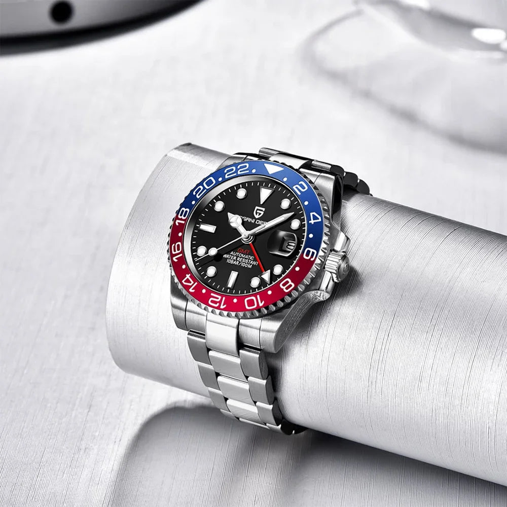 Relógio PAGANI DESIGN 40MM GMT para Homem, Luxo, Safira AR, Mecânico, Luneta em Cerâmica, Automático, 100M à Prova de Água, Relógio para Oferta