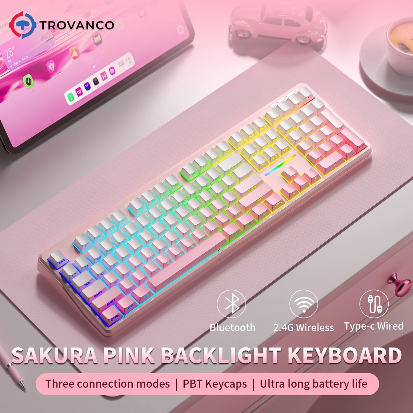 V108 Pro Bluetooth-Tastatur Büro, geräuscharm, 2.4G kabelgebunden & kabellos, vollständiges Layout mit RGB-beleuchteter Membran