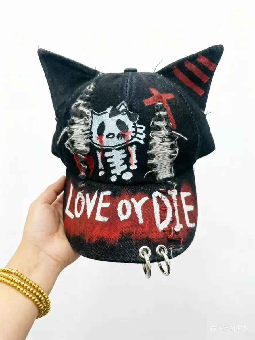 Celebrity-Inspired Niche Rabbit Ear Denim Ripped Baseball Cap Washed Graffiti Hip-Hop Sun Hat Trendy Cap