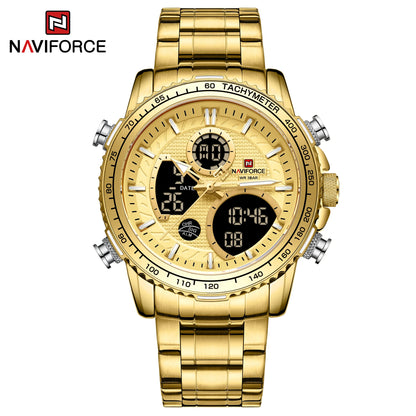 NAVIFORCE Men’s Sports Watch – Original luxury stainless steel wristwatch, water-resistant military-style model with dual display