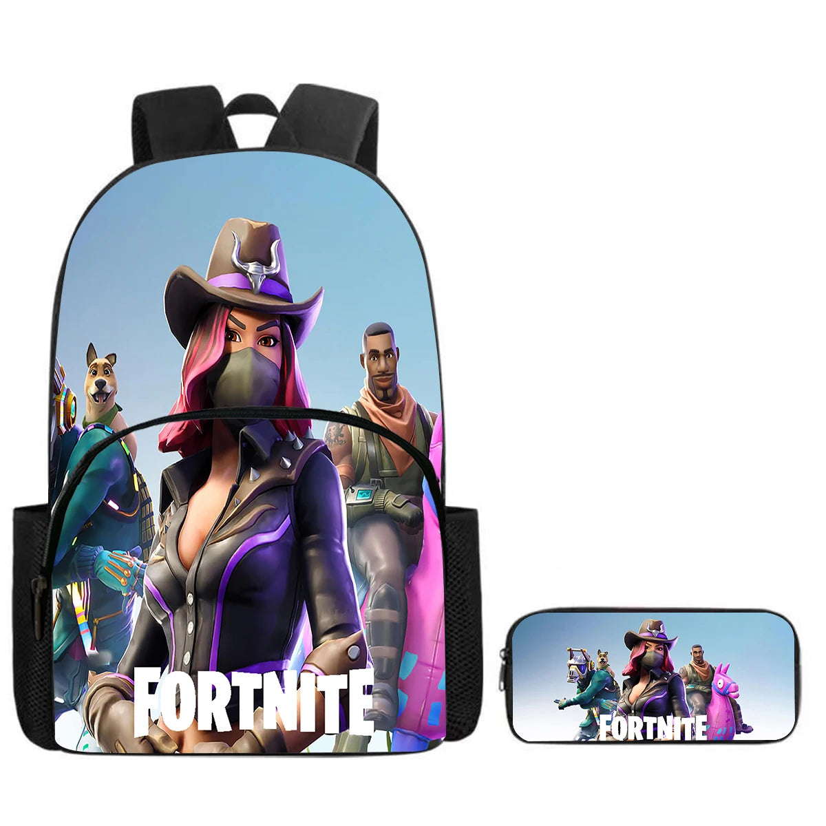 Mochila Fortnite Cartoon com Bolso Frontal e Estojo 2PCS - Conjunto Escolar para Meninos e Meninas dos 5 aos 8 Anos, Presente de Regresso às Aulas