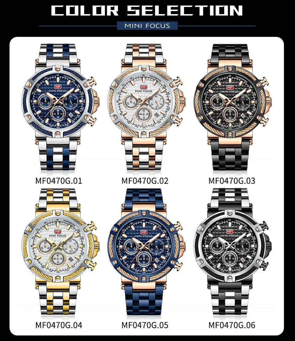 MINI FOCUS Black Stainless Steel Quartz Watch Men Fashion Luminous Dress Wristwatch with Date 24-hour Display Chronograph 0470