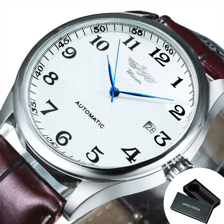 Herrklocka WINNER – Klassisk, retro och elegant stil – Mekanisk automatisk klocka med kalender – Lyxmärke, boett i stål och läderarmband