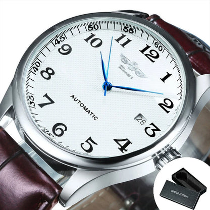 Herrklocka WINNER – Klassisk, retro och elegant stil – Mekanisk automatisk klocka med kalender – Lyxmärke, boett i stål och läderarmband