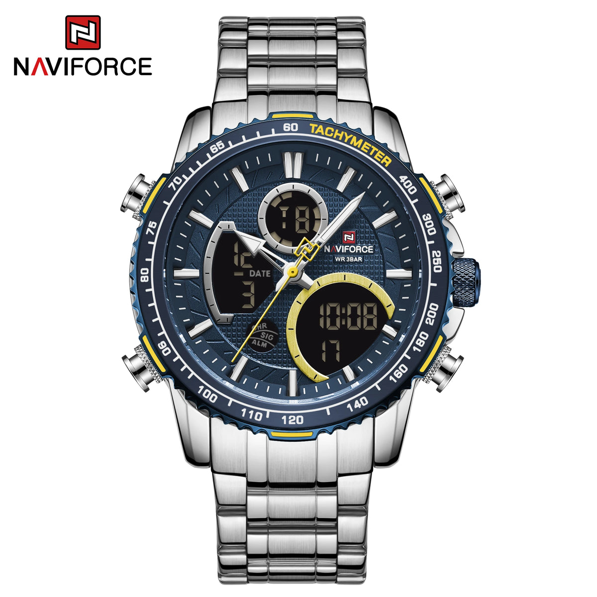 NAVIFORCE Men’s Sports Watch – Original luxury stainless steel wristwatch, water-resistant military-style model with dual display