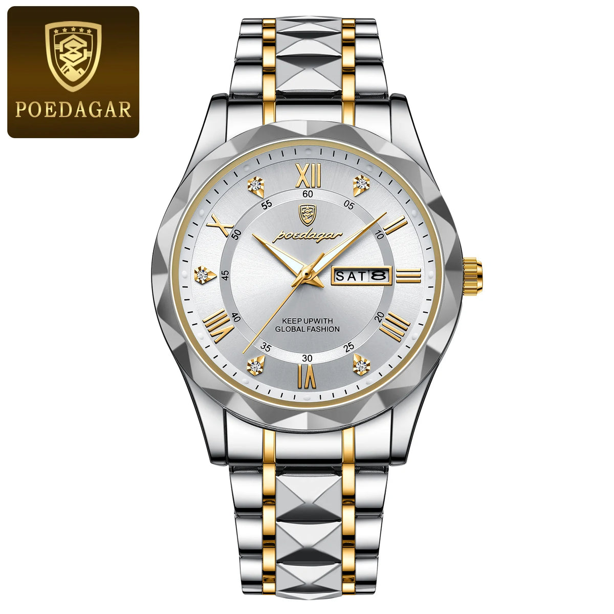 POEDAGAR Business Luxury férfi karóra, vízálló, rozsdamentes acélból, világító, dátum- és hétnap-kijelzéssel, sportos stílusú, kvarcmozgású.