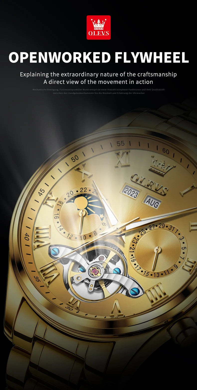OLEVS 7005 Classic Business Mechanical Wristwatch for Men Skeleton Flywheel 24 Hour Moon Phase Calendar Luxury Men's Watch