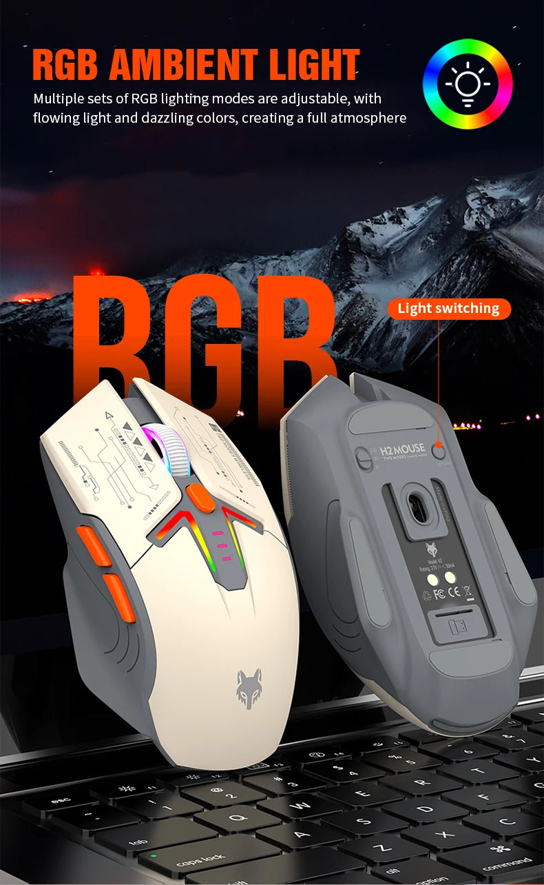 Mouse wireless Bluetooth dual-mode XUNSVFOX H2 con effetti di illuminazione RGB, per laptop, gaming e ufficio, ricarica magnetica
