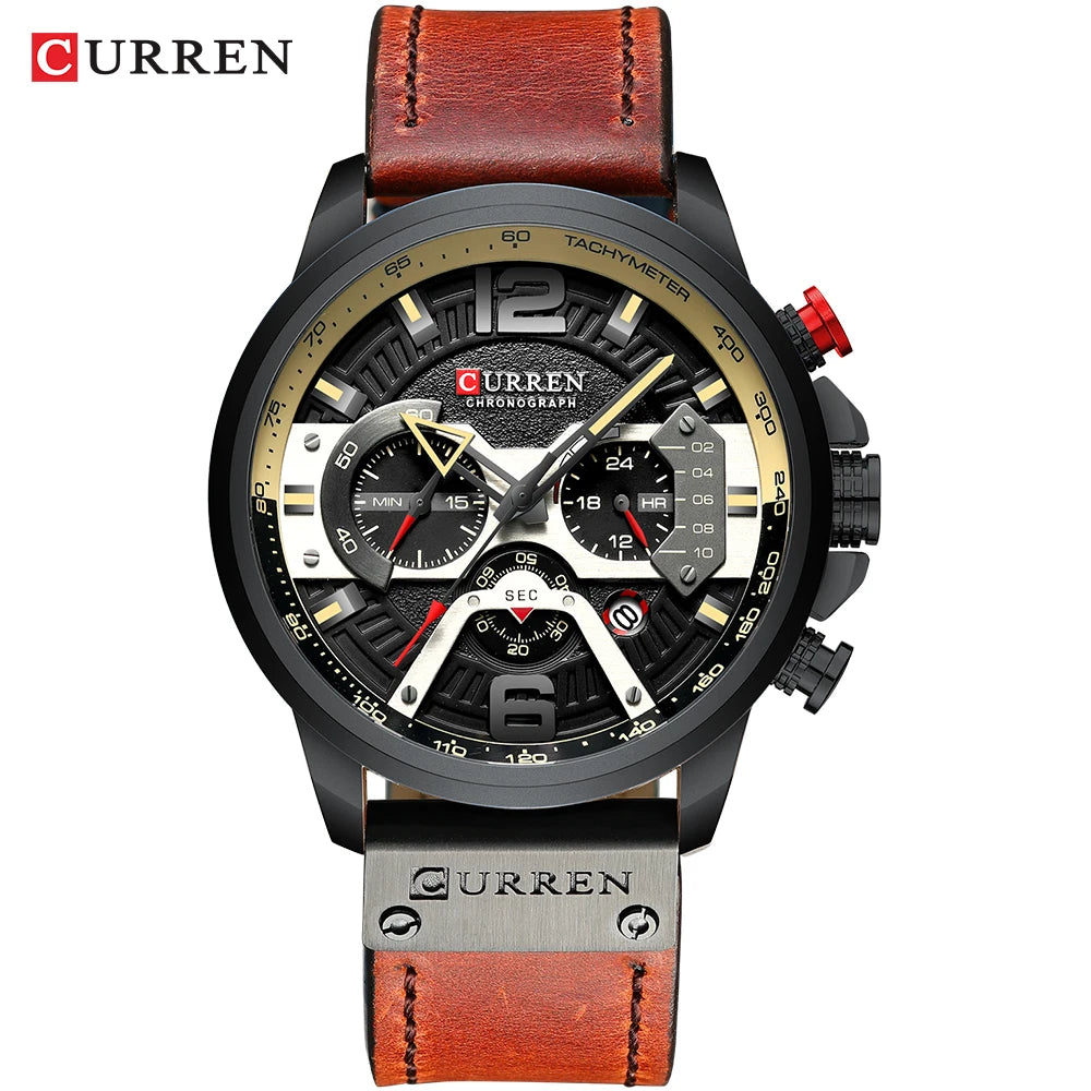 CURREN 8329 Men’s Watch – Casual sporty style, military-inspired design, leather strap, trendy chronograph, luxury watch from a leading brand