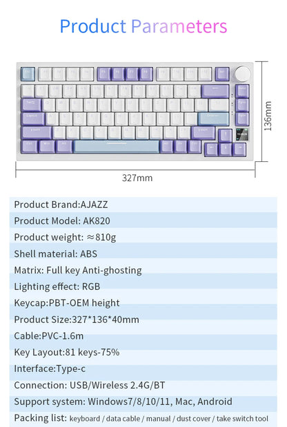 AJAZZ AK820 Mechanische Tastatur 70 % kompaktes Layout/RGB-Beleuchtung/Hot-Swap-fähige Switches, mit kabelgebundenem, kabellosem und Bluetooth-Betrieb