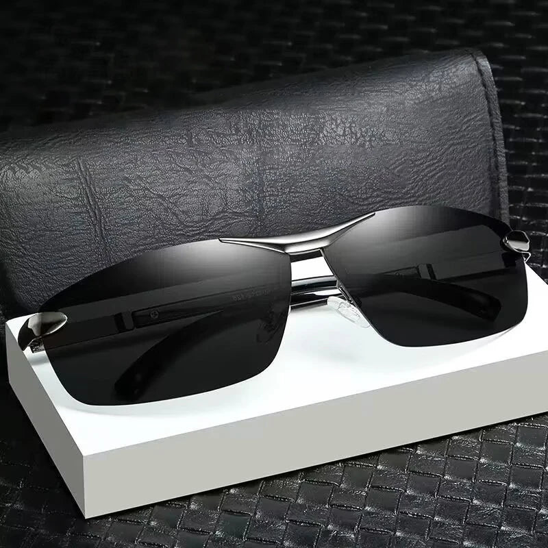 KLASSNUM Men Fashion Cycling Rimless Sunglasses Photochromic Polarized Shades Color Changing Fishing Car Driving Yellow Glasses