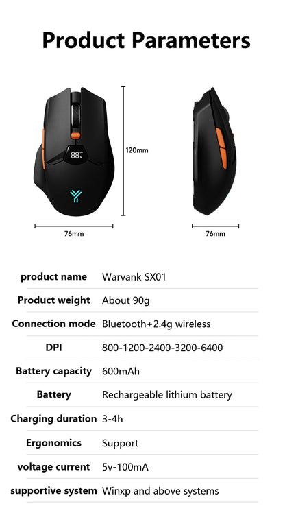 Mouse gaming wireless Warvank SX01 con display smart, regolazione DPI a 6 velocità, batteria ricaricabile da 600mAh, mouse Bluetooth silenzioso per ufficio