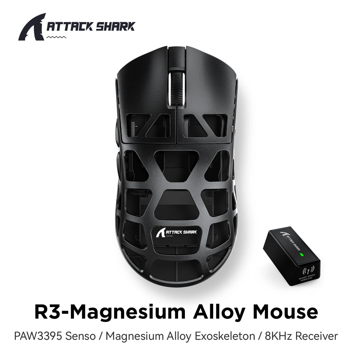 Mouse gaming ATTACK SHARK R3 din aliaj de magneziu cu design tip fagure, ultra-ușor, 8K Hz, senzor PAW3395, 26000 DPI, carcasă ergonomică