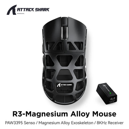 Mouse gaming ATTACK SHARK R3 din aliaj de magneziu cu design tip fagure, ultra-ușor, 8K Hz, senzor PAW3395, 26000 DPI, carcasă ergonomică