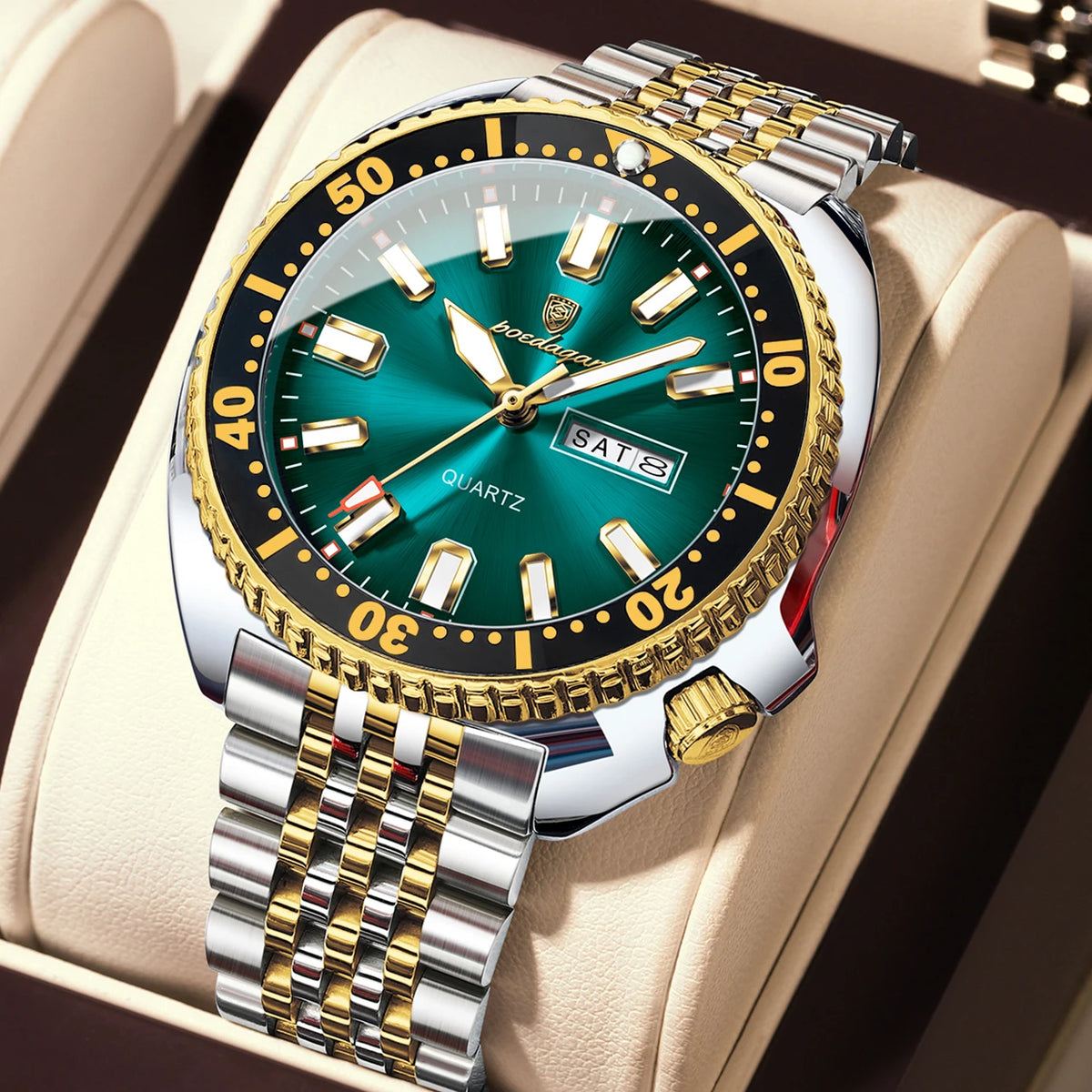 POEDAGAR luxury men’s watch, business style, with date and day of the week, water-resistant and luminous, made of stainless steel and powered by a quartz movement.