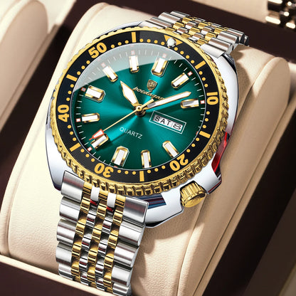 POEDAGAR luxury men’s watch, business style, with date and day of the week, water-resistant and luminous, made of stainless steel and powered by a quartz movement.
