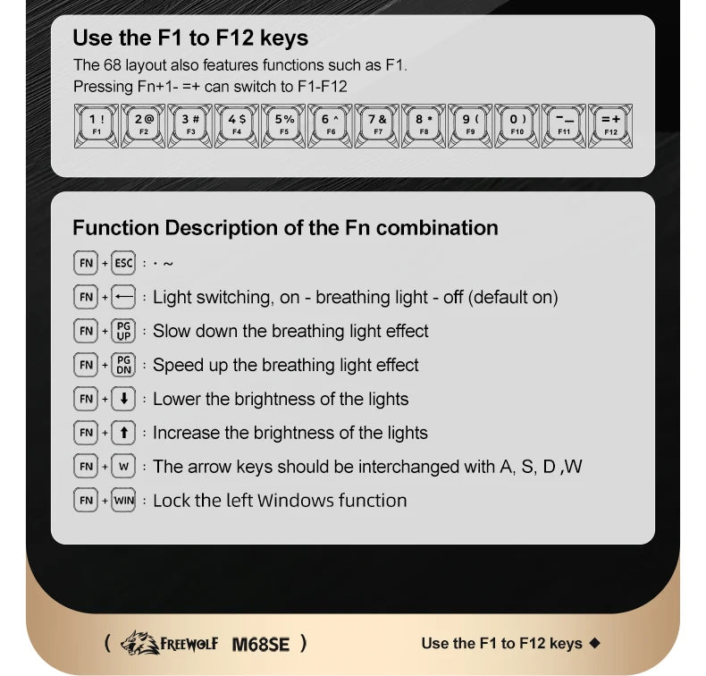 FREEWOLF M68SE Mini-Tastatur mit 68 Tasten, kabelgebunden, RGB-Hintergrundbeleuchtung, Type-C, 68-%-Layout, kompakt, für Gaming, Büro, PC und Laptop