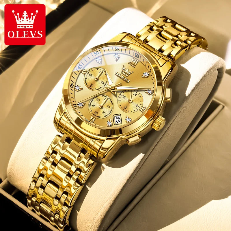 OLEVS ladies’ watch, luxury brand, quartz, water-resistant, luminous, date display, chronograph, bracelet, dress watch with diamonds.
