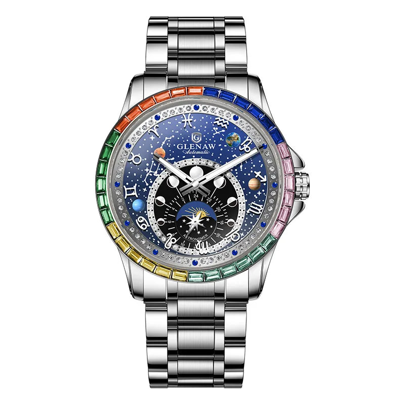 GLENAW Watches Original Design Diamond Constellation Rotating Dial Stainless Steel Luxury Men's Automatic Mechanical Watch P8719