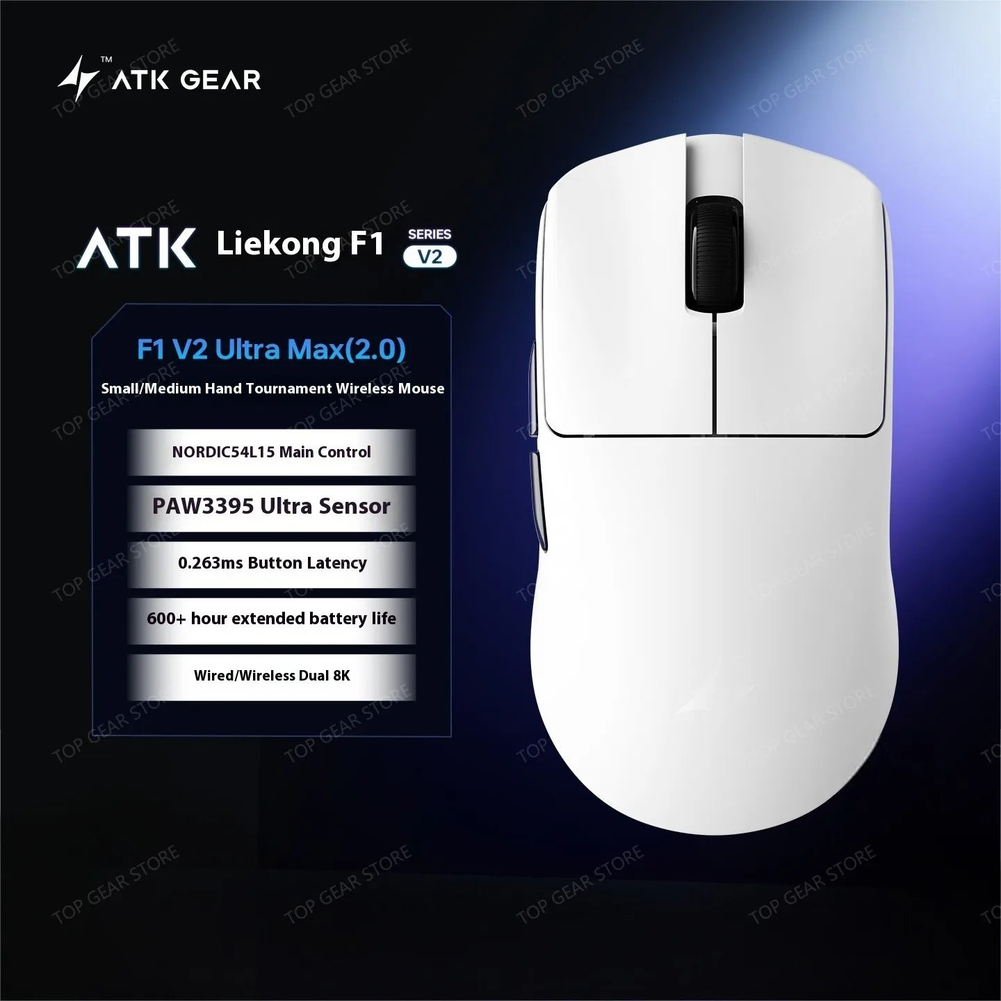 Bezdrátová herní myš ATK F1 V2 Ultra MAX Tri-mode PAW3950 Double 8k, lehká ergonomická e-sportovní myš, vlastní PC příslušenství