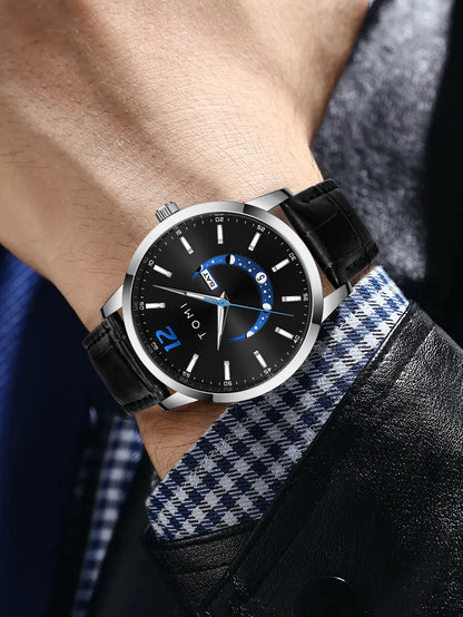 Orologio al quarzo TOMI, dallo stile elegante e professionale, con cinturino in pelle, cassa in lega e quadrante con lancette – Design di alta gamma, idea regalo per uomo