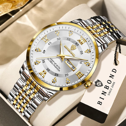 BINBOND luxury quartz wristwatch for men – Water-resistant, luminous, with day-of-the-week display – Business, sport, fashion and casual styles