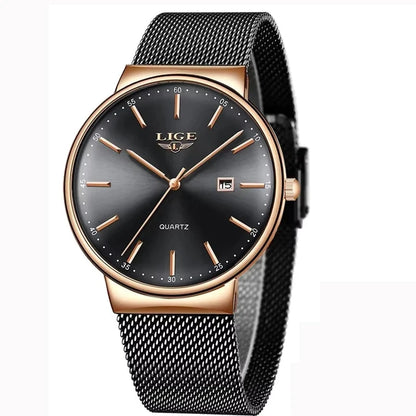 LIGE men’s watch, an elegant and luxurious model, ultra-thin, water-resistant, with a mesh strap, quartz movement, date and calendar display – ideal for a professional look.