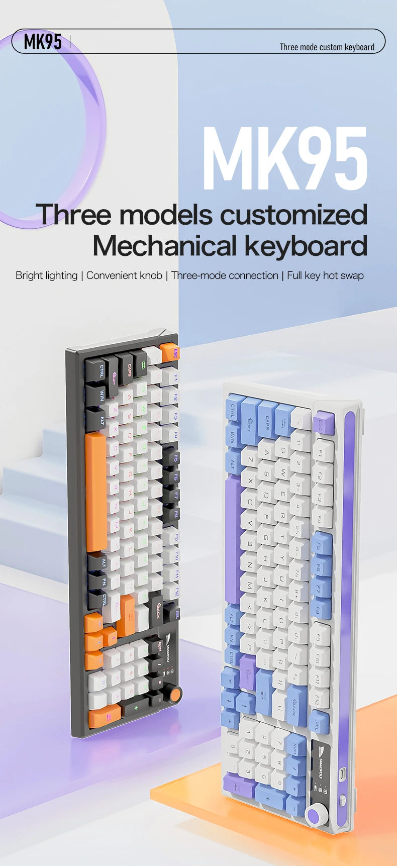 SMAILWOLF MK95 Bluetooth Wireless Korean Customized Mechanical Keyboard e-Sports 3 Modes Laptop Office Game Full Key Hot Swappable RGB Lighting Effects