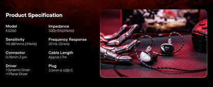 SIMGOT EG280 In Ear Monitor 1DD+1 Planar HiFi IEM Wired Gaming Earphone with Detachable 2Pin OFC Cable Optimized for HiFi&Gaming