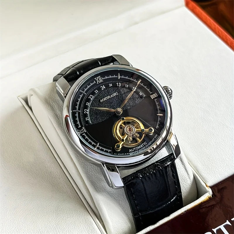Men’s automatic mechanical watch – Elegant openwork design, trendy ‘business casual’ style, alloy case and leather strap, battery-free