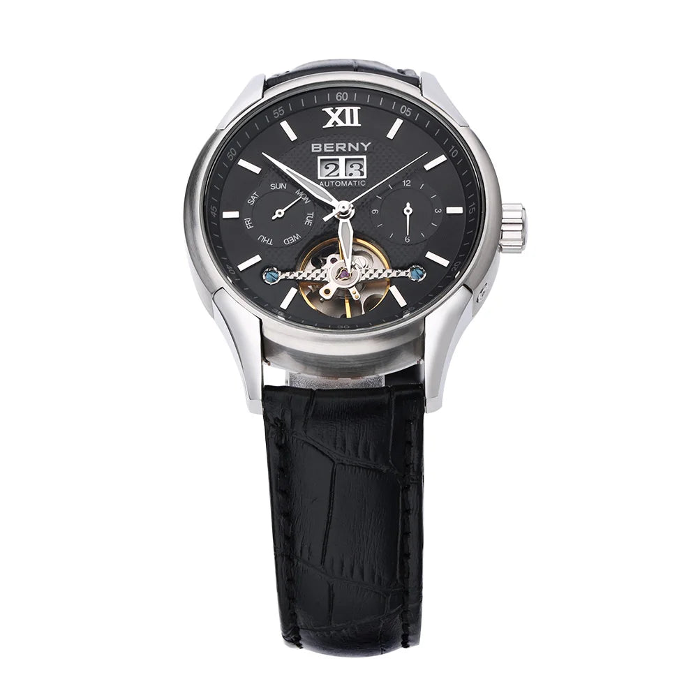 BERNY Automatic Watch for Men Auto Self-wind Mechanical Watches Date Skeleton 5ATM Luxury Male Wristwatches