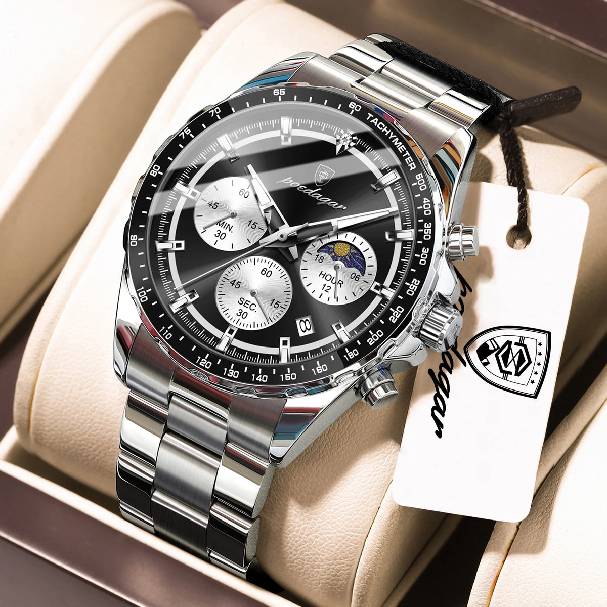 POEDAGAR luxury men’s watch: elegant and water-resistant, a quartz chronograph with date display, featuring a classic and luminous design.