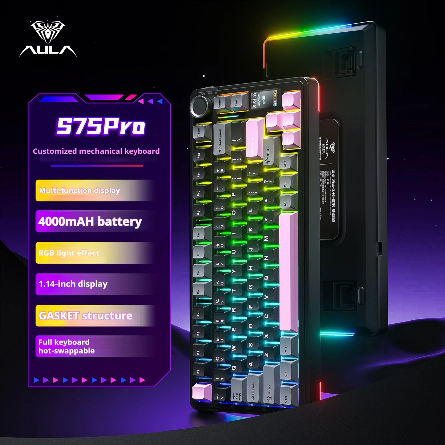 Tastiera meccanica AULA S75 PRO 75% layout personalizzato, retroilluminazione RGB, wireless Bluetooth, tastiera da gaming con schermo e manopola