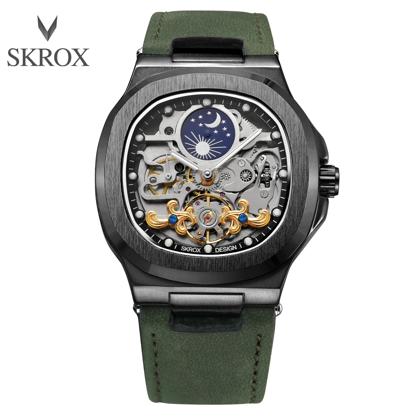2025High-end Luxury SKROX Square Man Watch Sapphire Tourbillon Steel Skeleton Moon Phase Automatic Movement Leather Male Watches