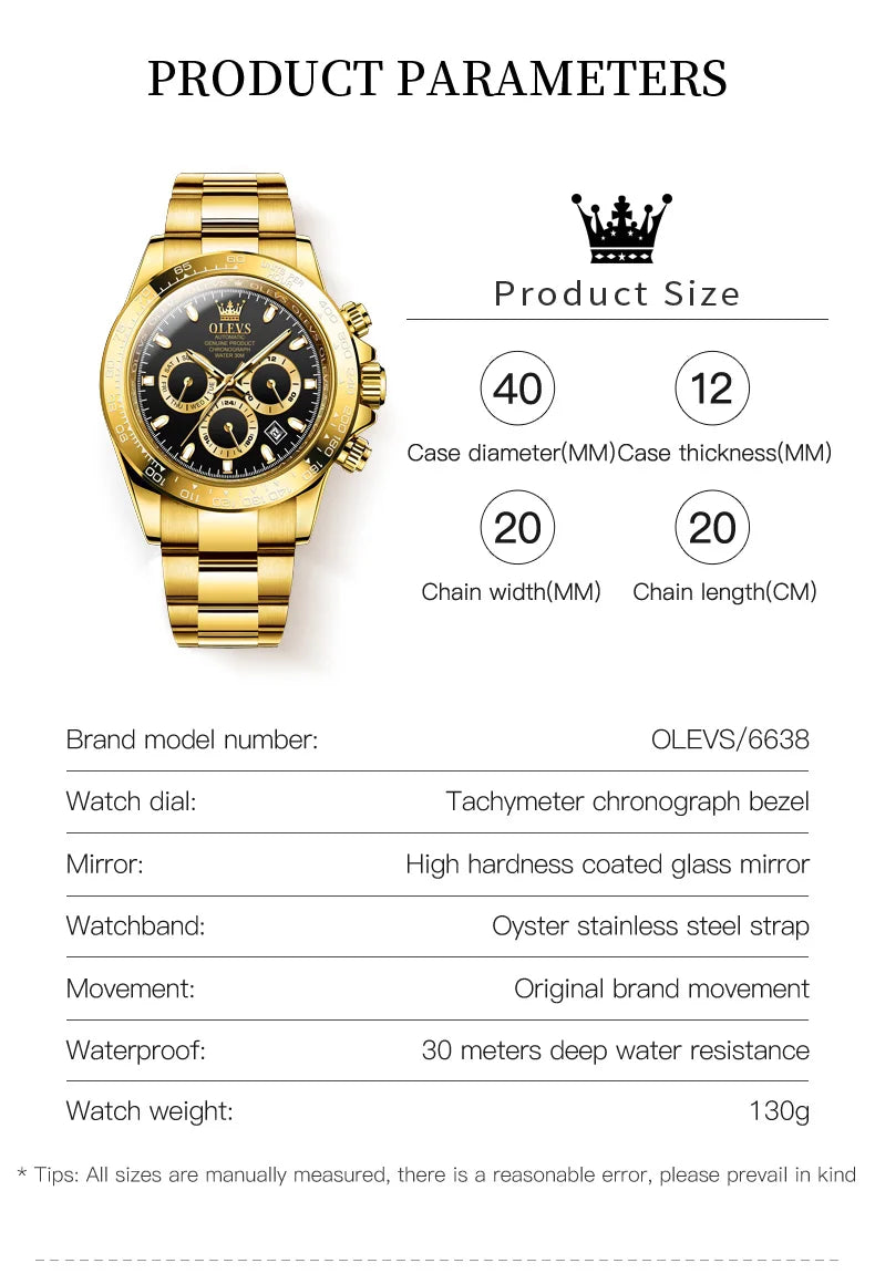 OLEVS 6638 Original Brand Classic Man Watch Luxury Automatic Mechanical Wrist Watches for Men Chronograph Waterproof Men's Watch