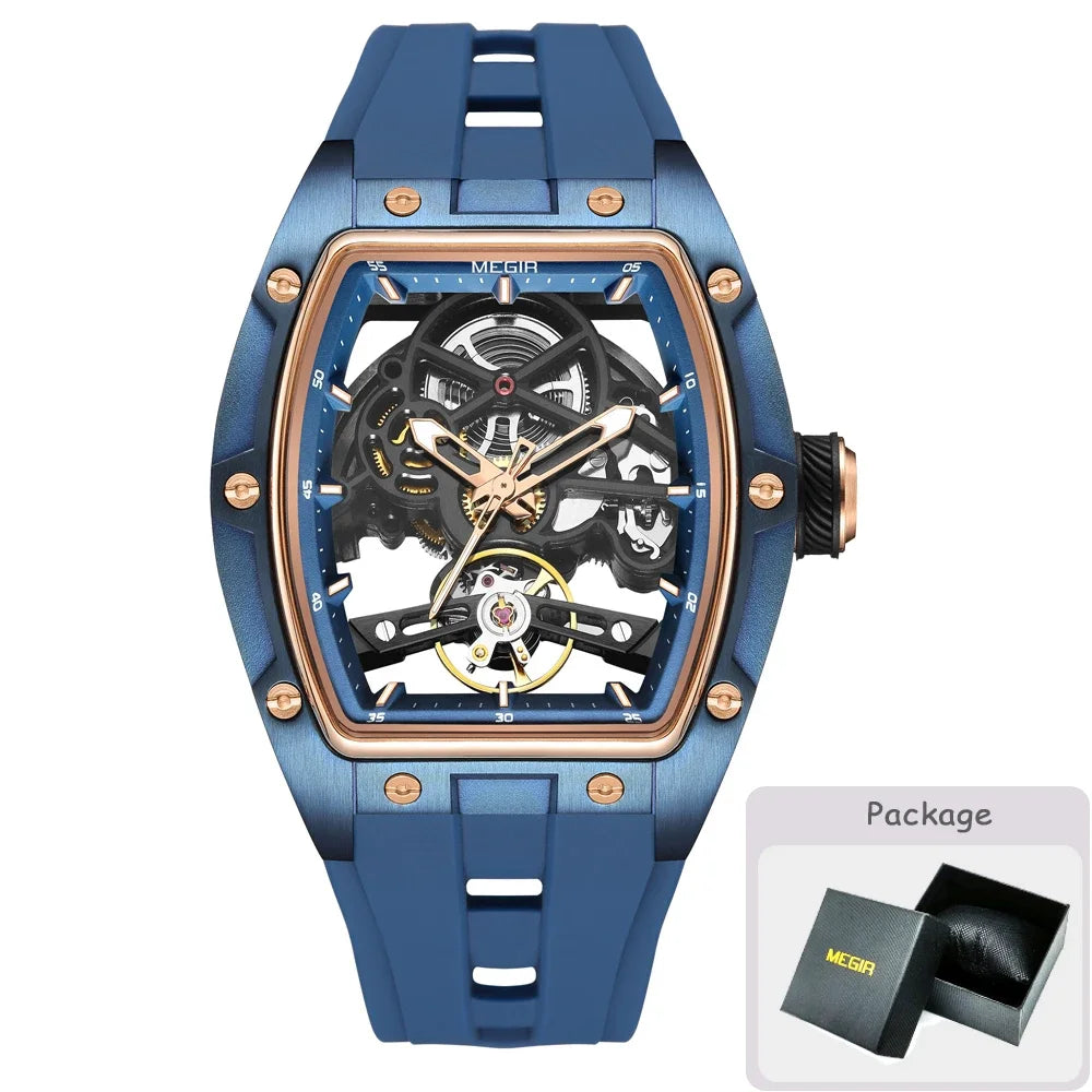 MEGIR Fashion Leisure Alloy Case Men Mechanical Watch Silicone Band Barrel Shaped Dial Luminous Pointer Design Man Wristwatch