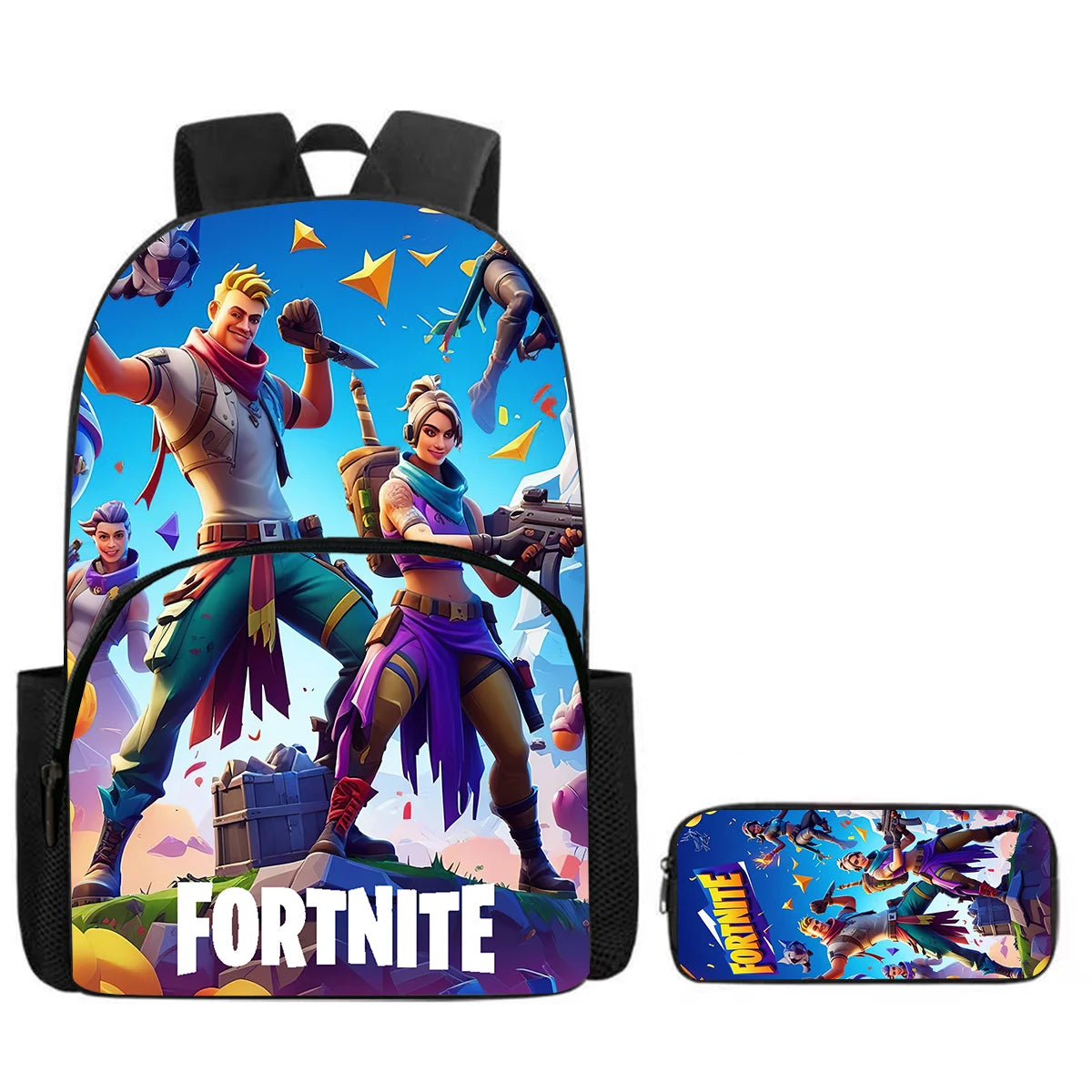 Mochila Fortnite Cartoon com Bolso Frontal e Estojo 2PCS - Conjunto Escolar para Meninos e Meninas dos 5 aos 8 Anos, Presente de Regresso às Aulas