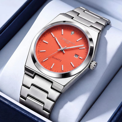 CHRONOS men’s quartz watch – Stainless steel bracelet, water-resistant, luminescent hands, date display – Ideal for work, sport or everyday wear