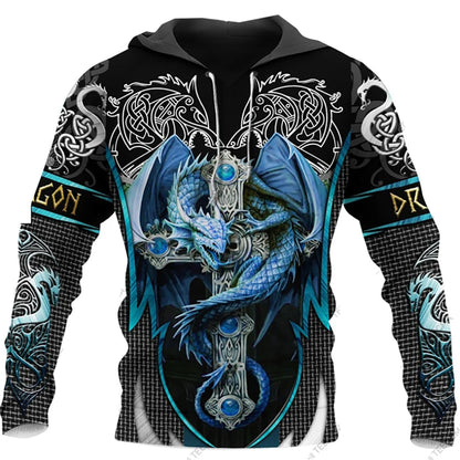 Herbst-Winter-Kapuzenpullover für Herren, langärmelig, mit 3D-Tattoo-Drachen-Print, Unisex-Streetwear-Sweatshirt, lässiger Trainingsanzug-Pullover