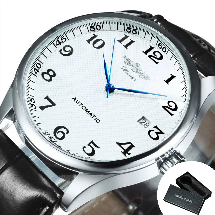 Herrklocka WINNER – Klassisk, retro och elegant stil – Mekanisk automatisk klocka med kalender – Lyxmärke, boett i stål och läderarmband