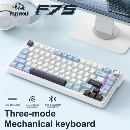 F75 Mechanische Tastatur FREEWOLF * AULA F75 Bluetooth-Tastatur mit drei Verbindungsmodi, speziell für Gaming und Büro entwickelt