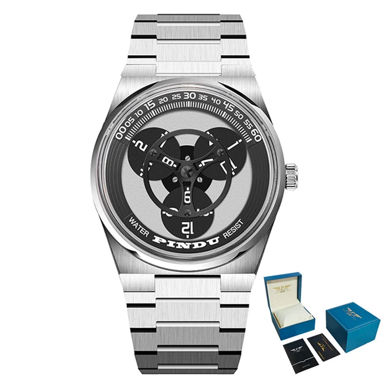 PINDU Turntable Creative Watch Miyota 8215 With Pointerless Design Trendy Steel Business Mechanical Watches Luminous Waterproof