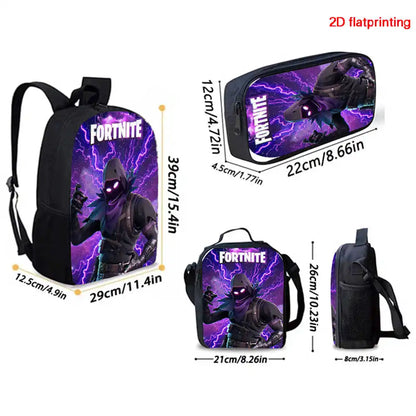 Cute Cartoon 3pcs Set School Backpack with Lunch Bag and Pencil Case, Large Anime Fortnite Kids School Bags for Boys and Girls