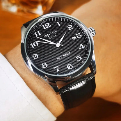 Herrklocka WINNER – Klassisk, retro och elegant stil – Mekanisk automatisk klocka med kalender – Lyxmärke, boett i stål och läderarmband
