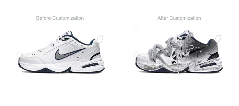Персонализирани маратонки Nike Air Monarch 4 с деконструктивистичен дизайн с пръски мастило, противоплъзгащи, износоустойчиви, ниски, унисекс маратонки за бягане
