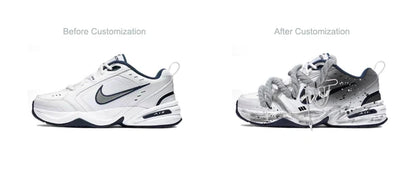 Персонализирани маратонки Nike Air Monarch 4 с деконструктивистичен дизайн с пръски мастило, противоплъзгащи, износоустойчиви, ниски, унисекс маратонки за бягане