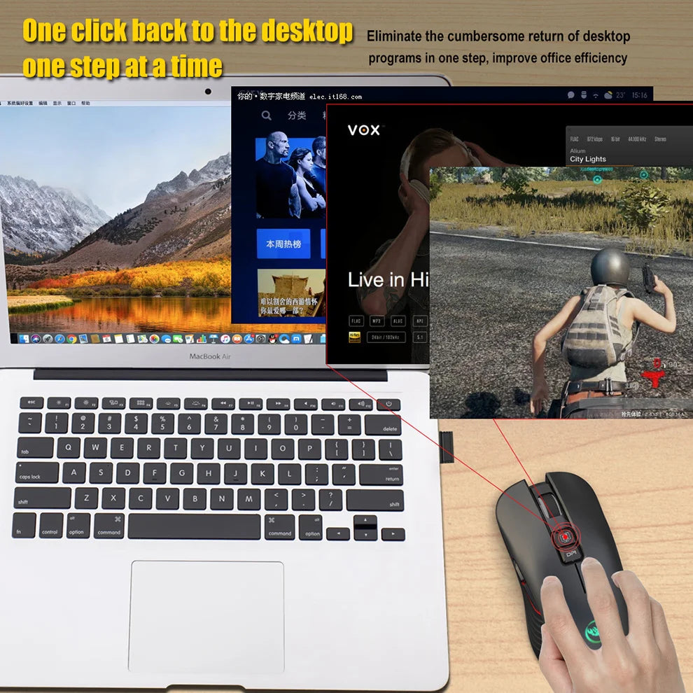 Mouse da gaming wireless 2.4G USB-C ricaricabile 3600DPI a 7 pulsanti, mouse silenzioso Type-C per MacBook, laptop, PC e computer da gioco