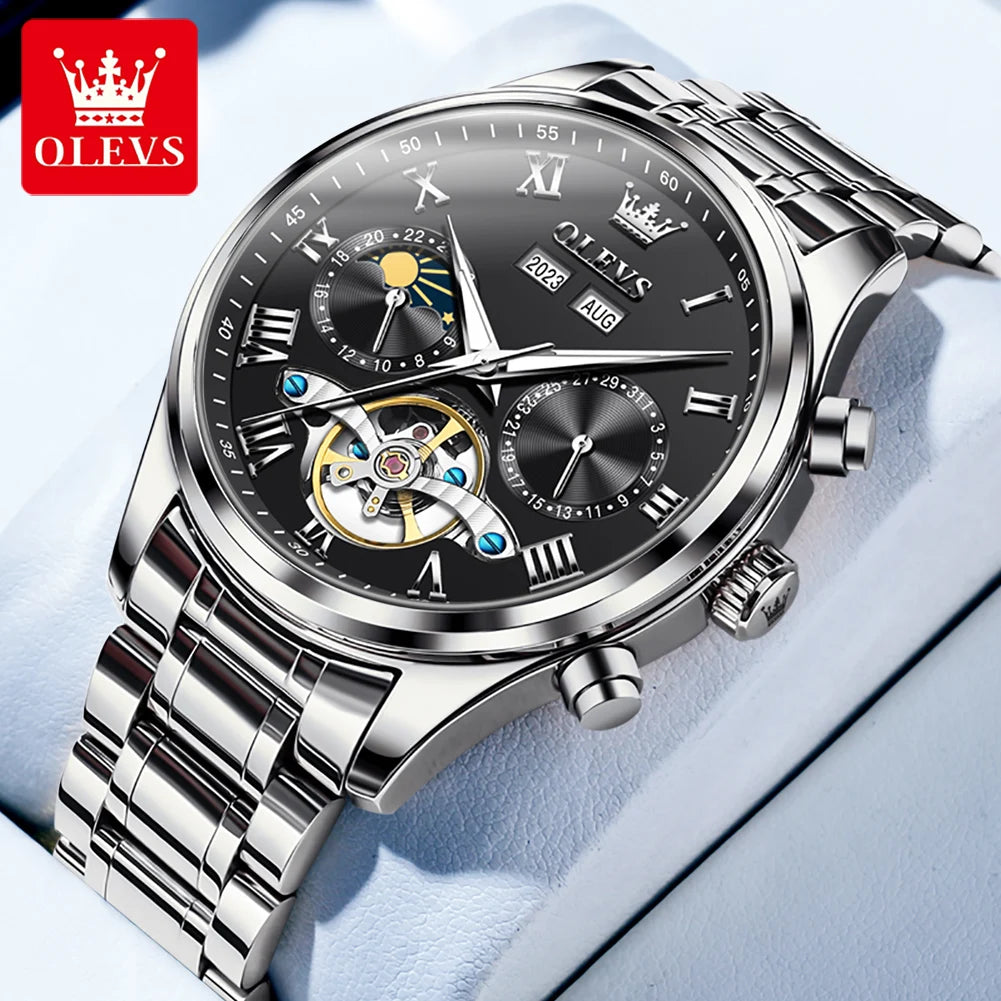 OLEVS 7005 Classic Business Mechanical Wristwatch for Men Skeleton Flywheel 24 Hour Moon Phase Calendar Luxury Men's Watch
