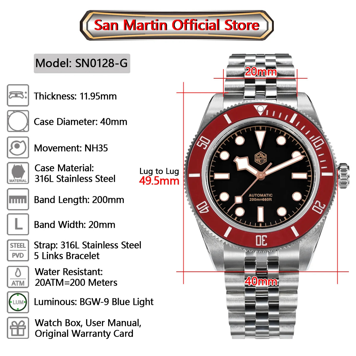 San Martin New 40mm BB Diver Watch Top Brand Classic Mens Watches NH35 Automatic Mechanical Sapphire Waterproof Reloj SN0128